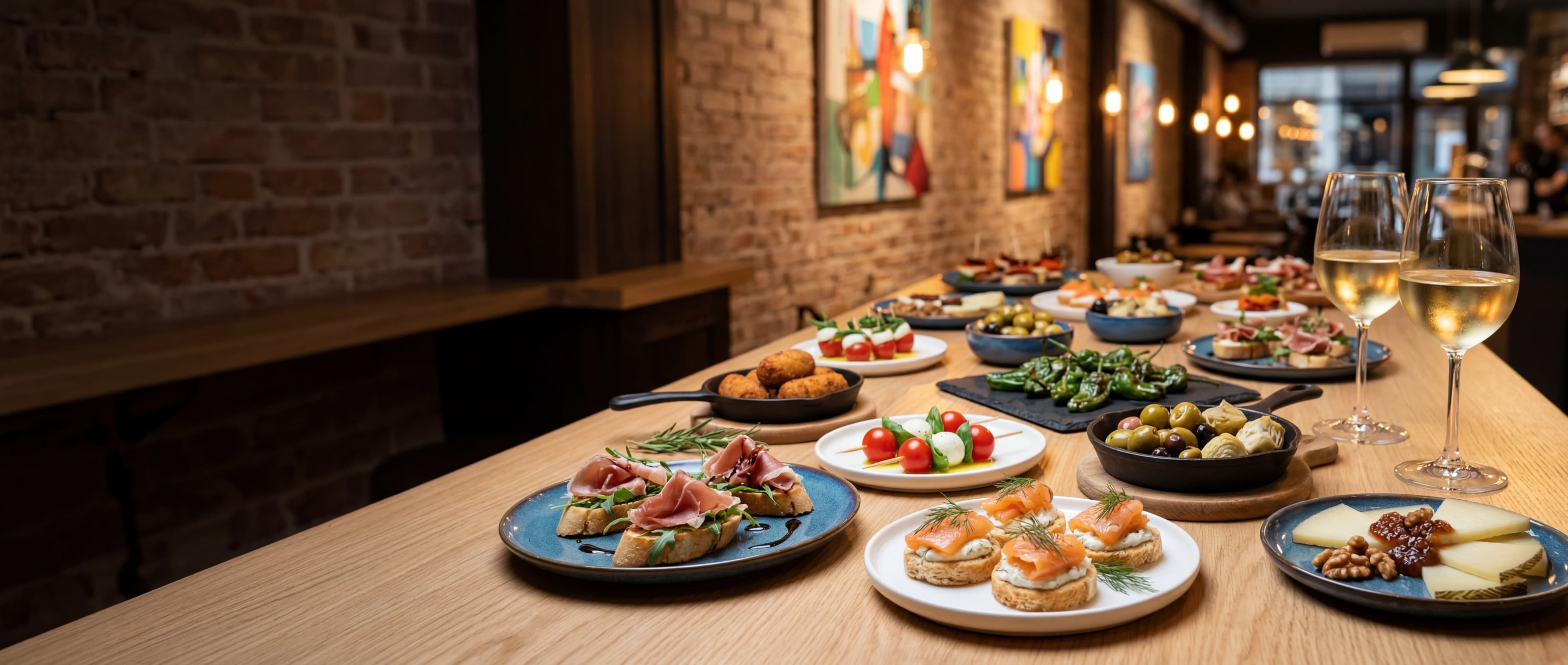 Tapas Bubliny — pintxos, modré talíře, víno